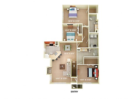 Floor plan for 3 beds, 2 baths, 1352 sqft